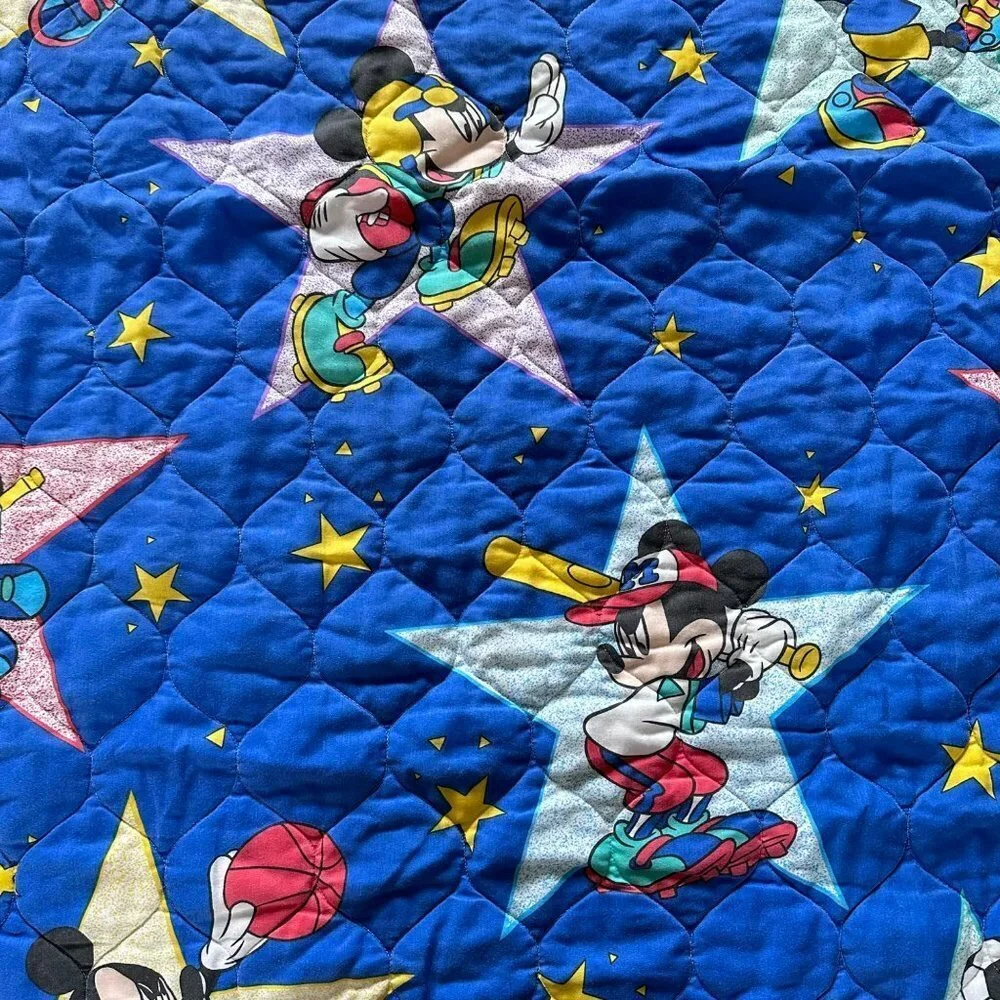 Vintage 80's Disney Quilt Sports Mickey Print 40x54 football basketball soccer b